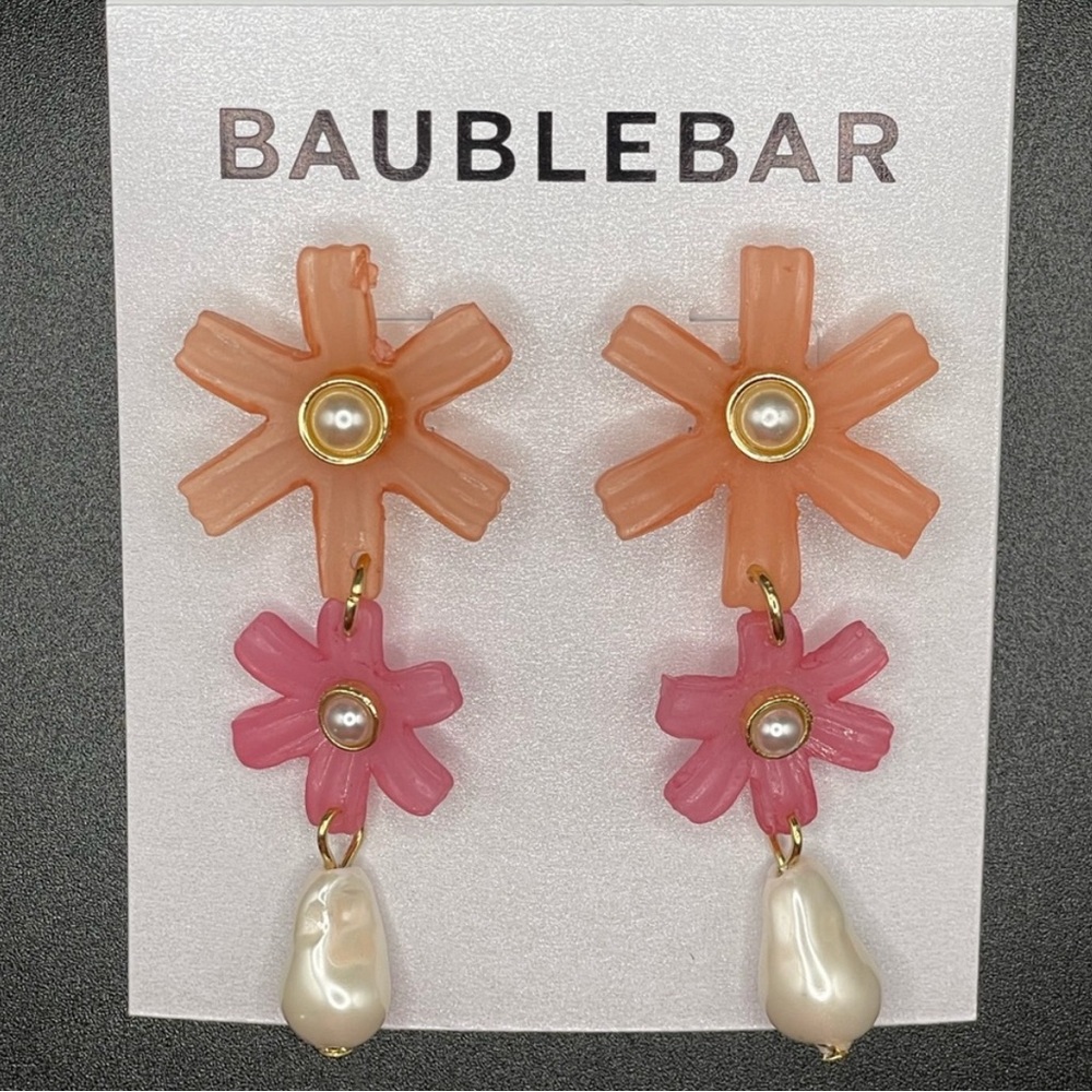 NWT BaubleBar Earrings, Flower & Faux Pearls, Pink & Peach
